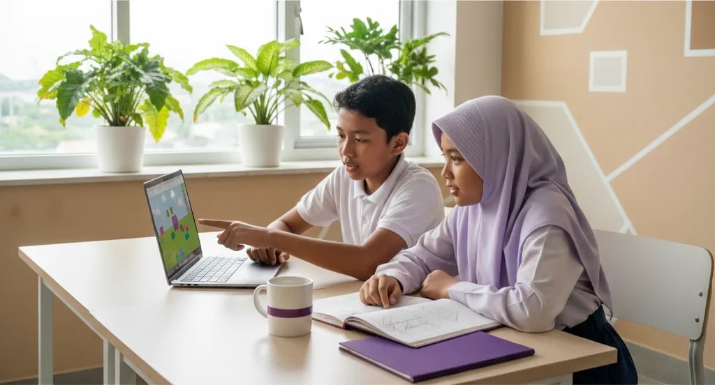 Two Indonesian children building a simple 3D game world on a laptop while discussing it