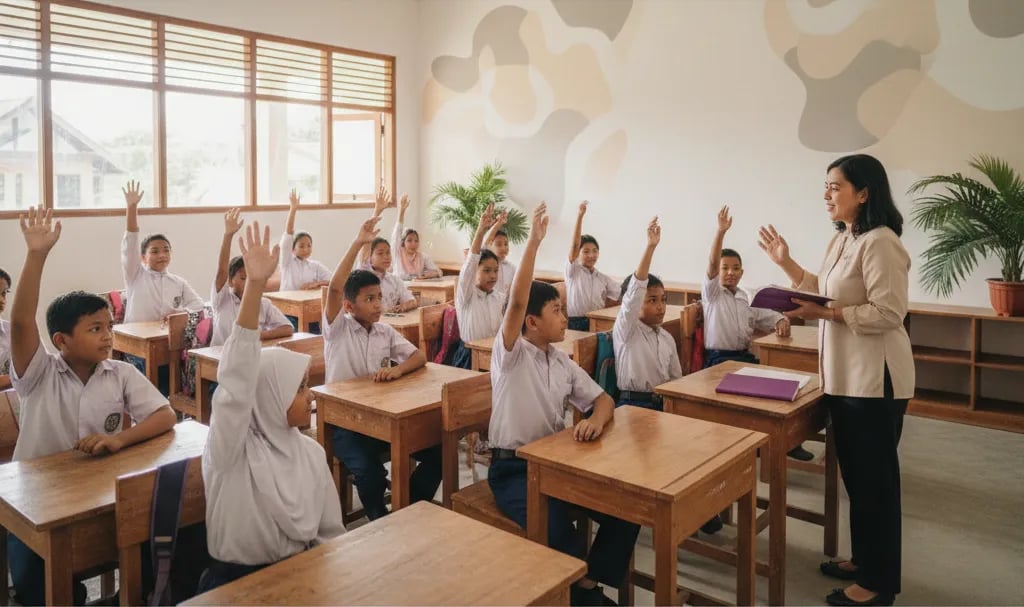 Anak-anak SD Indonesia mengangkat tangan di kelas sementara guru berdiri di samping meja