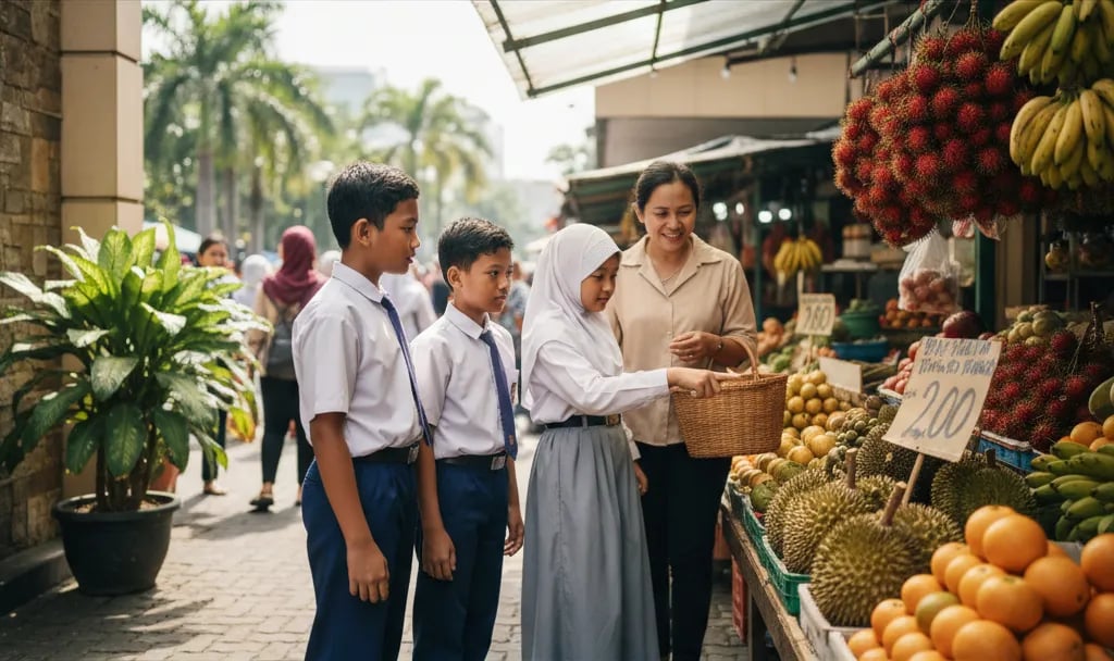 Anak-anak Indonesia melihat harga buah di kios pasar bersama orang tua