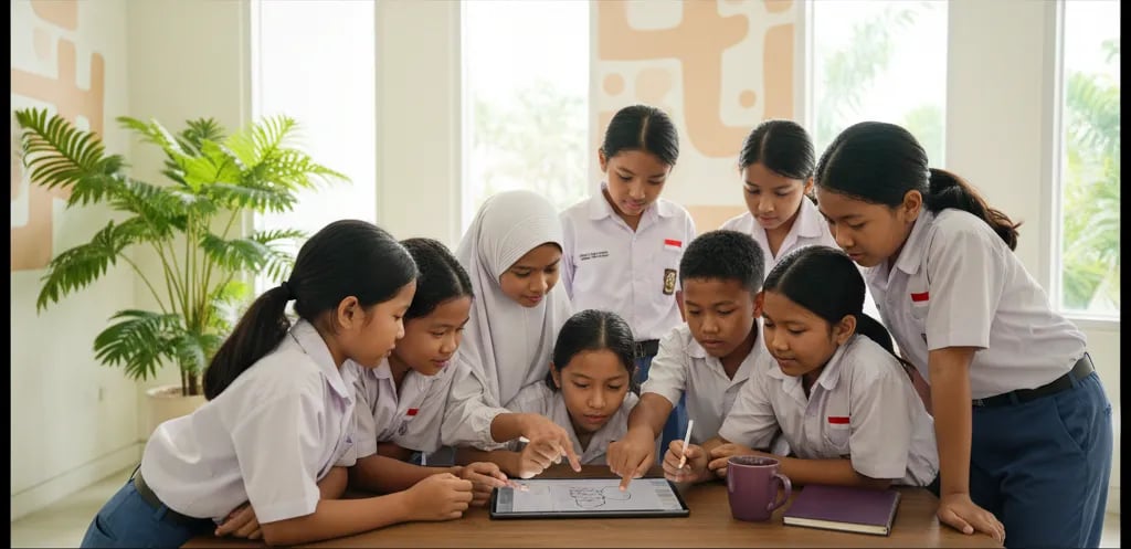 Orang tua dan anak Indonesia melihat aplikasi menggambar sederhana di tablet bersama