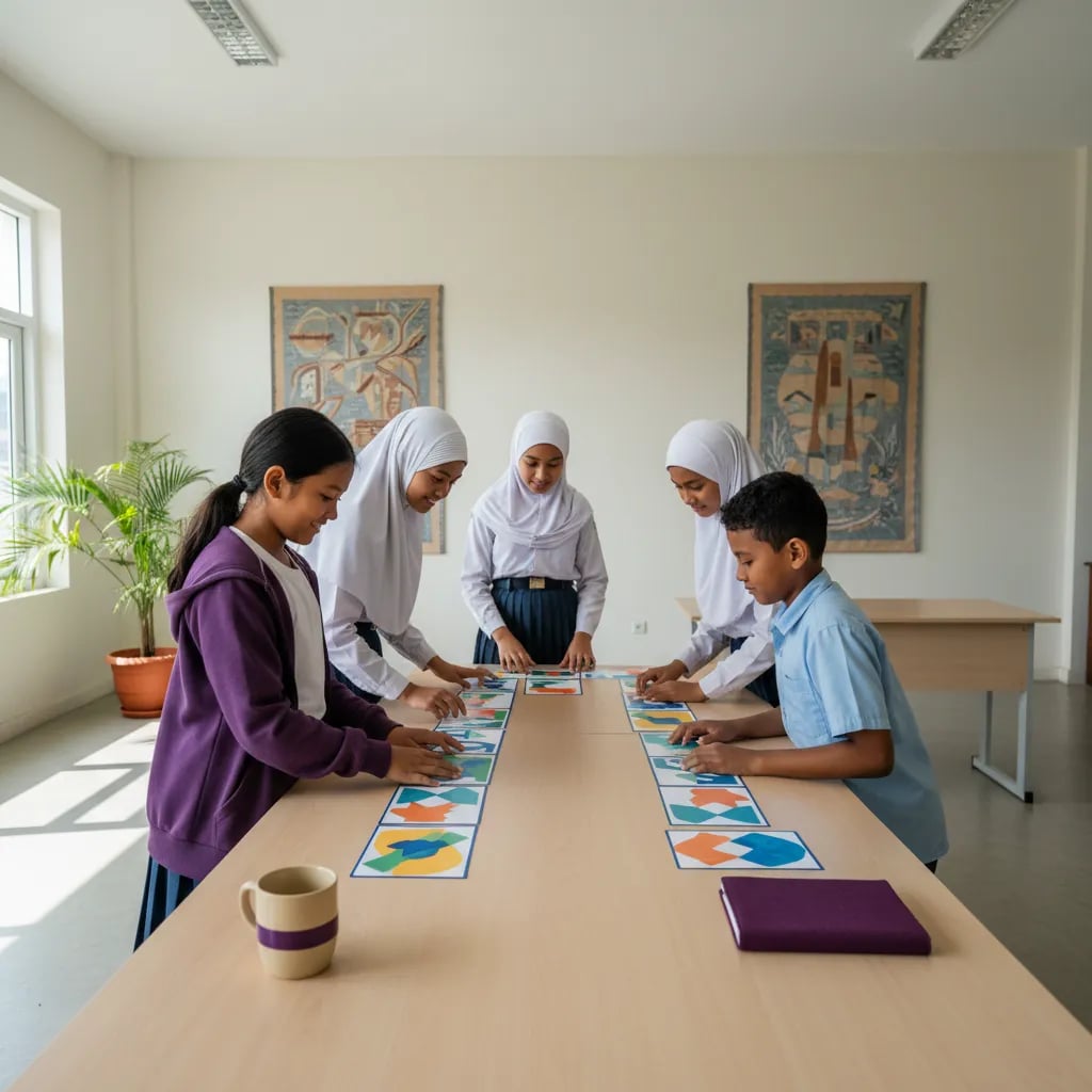 Indonesian children arranging picture cards into a single sequence on a table