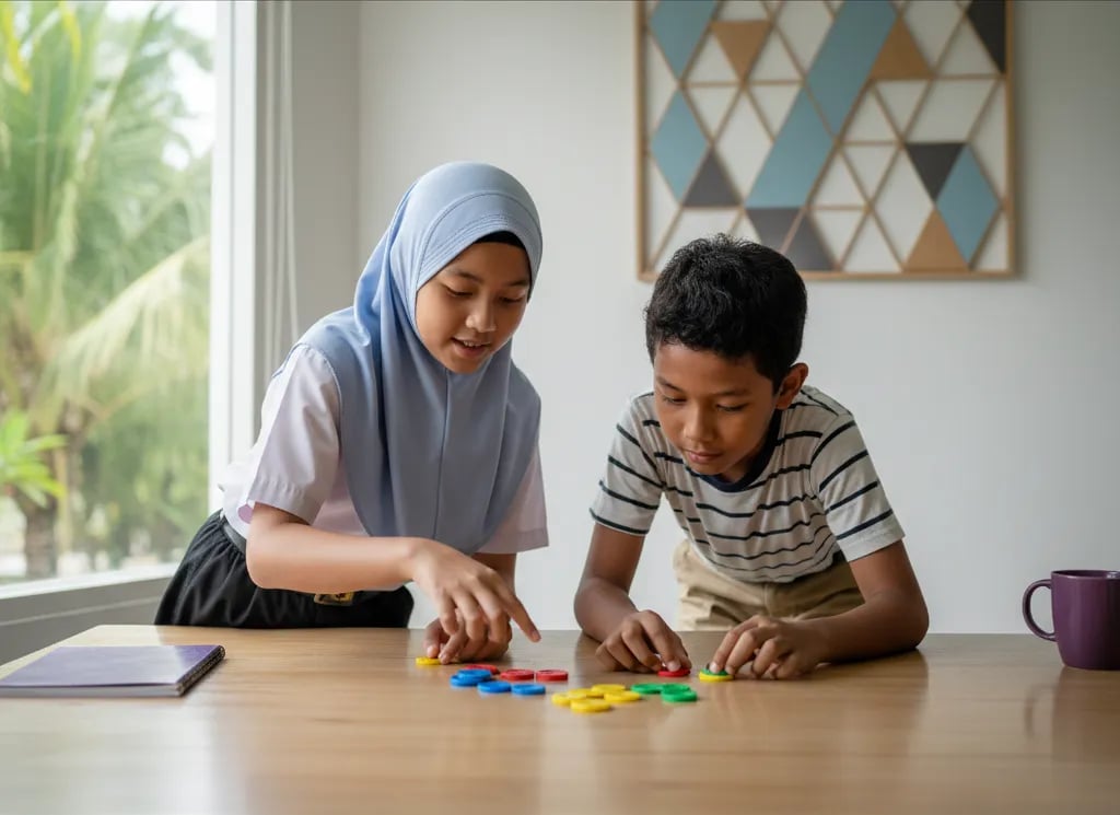 Dua anak Indonesia menyusun keping warna menjadi kelompok sama banyak di atas meja
