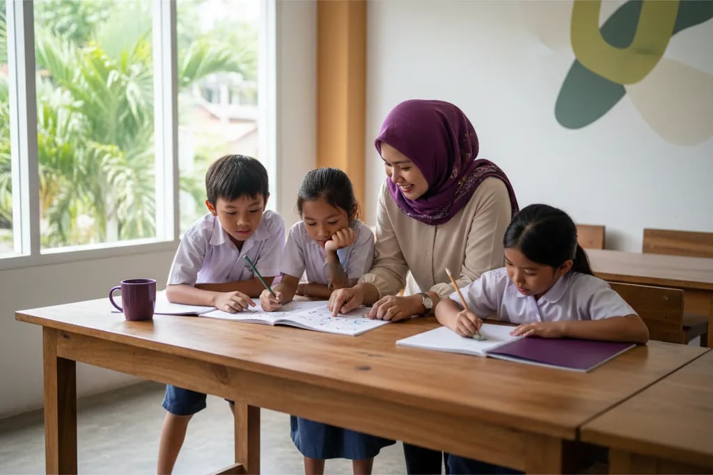Guru Indonesia membantu kelompok kecil anak SD mengerjakan latihan di meja bersama