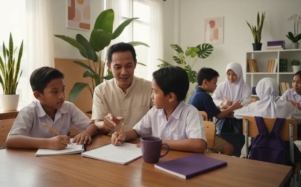 An Indonesian father and son working through maths problems together at the dining table