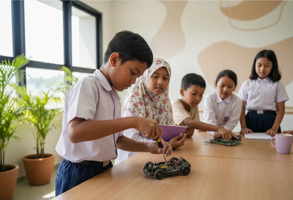 Anak Indonesia membongkar mainan dengan obeng di meja bersama teman-temannya