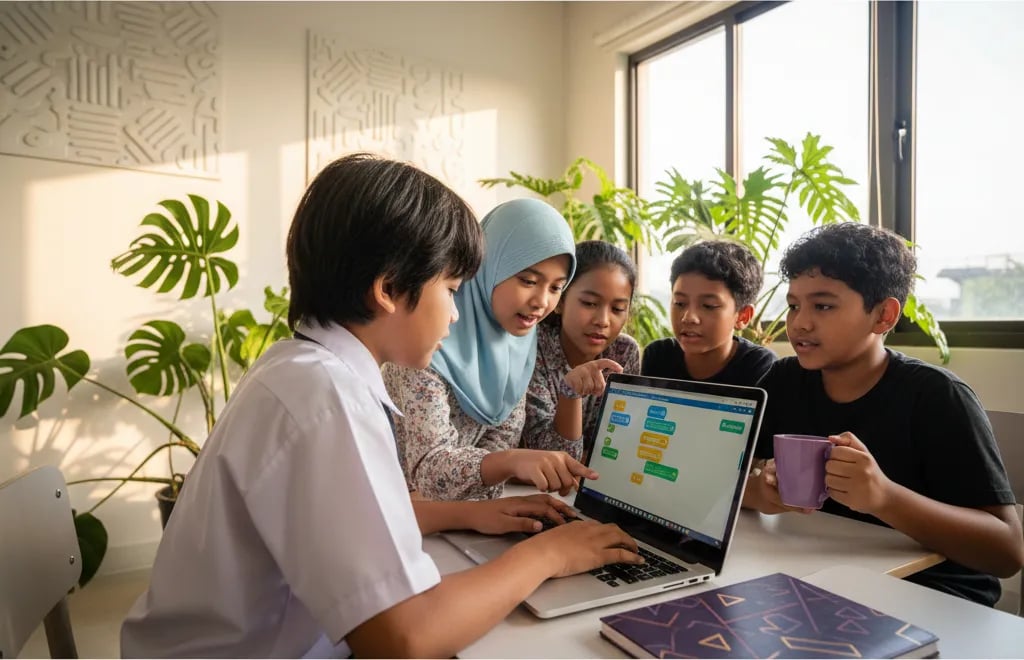 Indonesian children assembling colourful code blocks on a laptop together