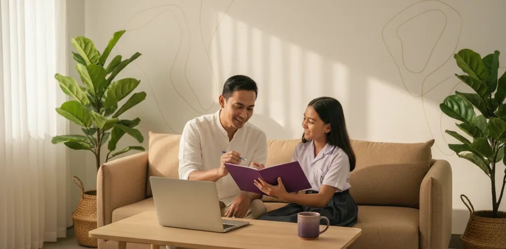 A parent and child sitting together going through a list of questions in a notebook