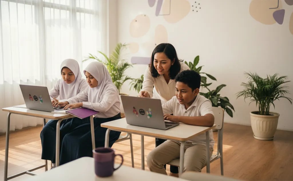 Indonesian children working in pairs on laptops in a bright classroom while a teacher helps one pair