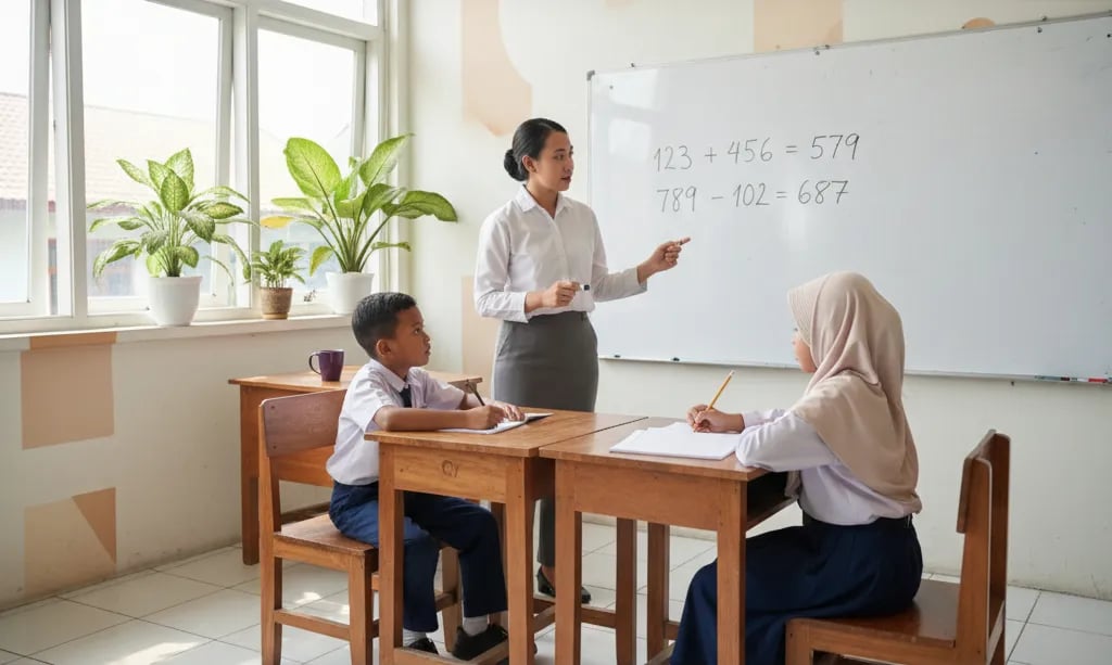 An Indonesian teacher explaining calculation steps at a whiteboard to two primary school children