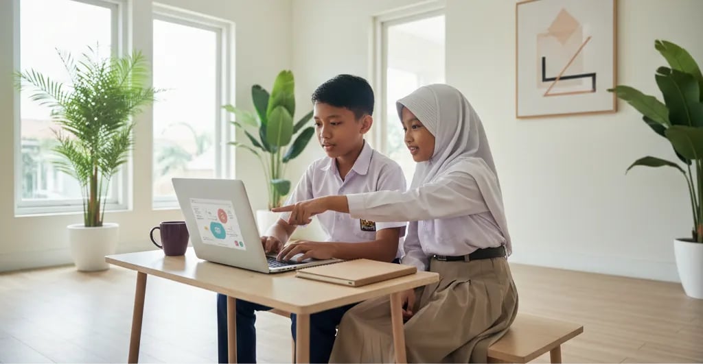 Anak Indonesia mengetik di laptop dengan ekspresi fokus