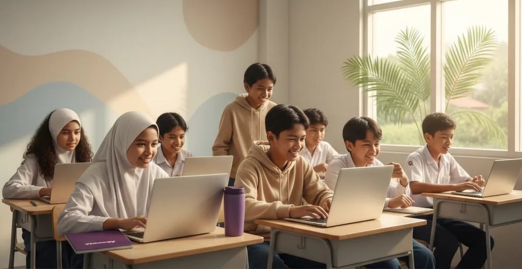 An Indonesian teenager working on a laptop with notes beside them