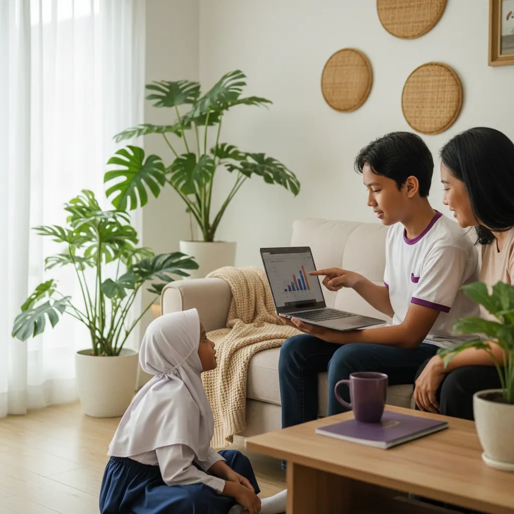 An Indonesian teenager showing a laptop screen to a parent