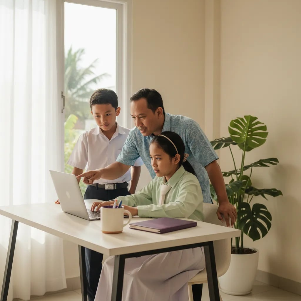 An Indonesian parent and child looking at a laptop together at home