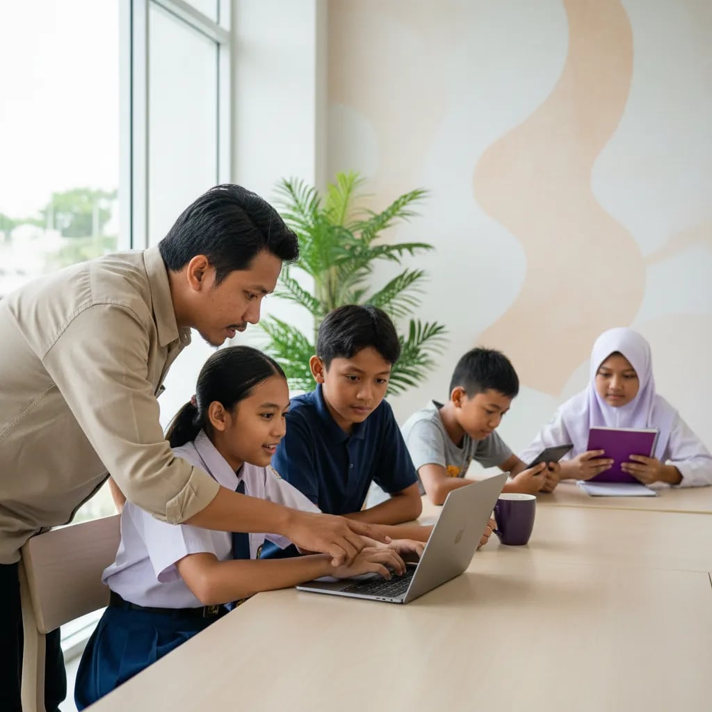 Guru Indonesia menjelaskan sesuatu di laptop muridnya