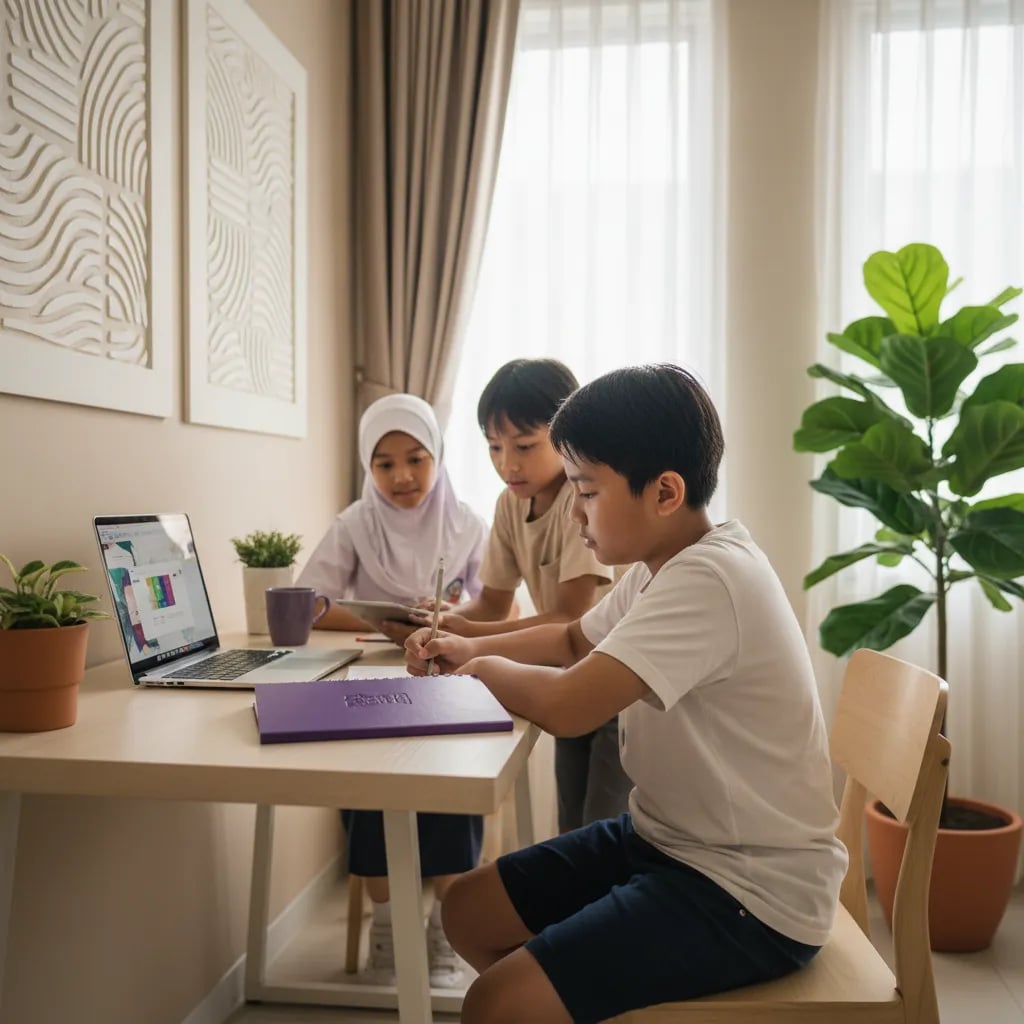 An Indonesian child writing in a notebook next to a laptop