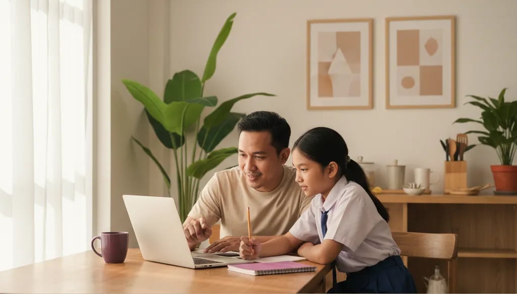 An Indonesian parent and child at a laptop in the living room