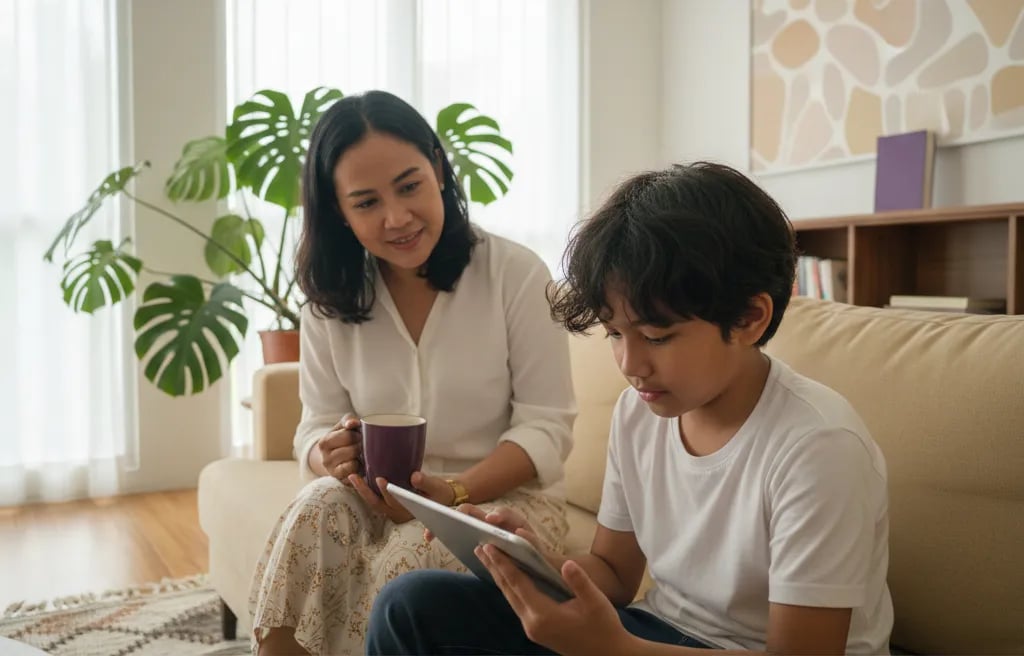 An Indonesian family with a tablet at the dining table