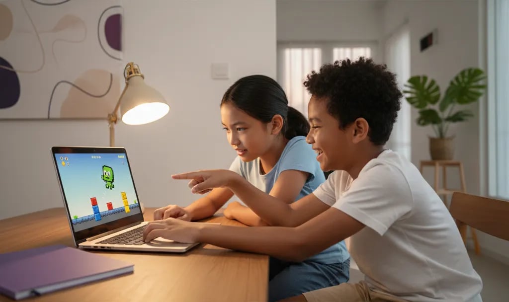 Two primary school kids testing a platformer game they built on a laptop
