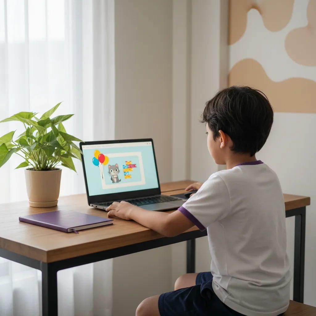 Primary school child making an animated greeting card in Scratch on a laptop