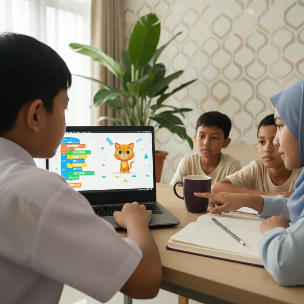 Primary school child practising Scratch on a laptop while writing answers in a notebook