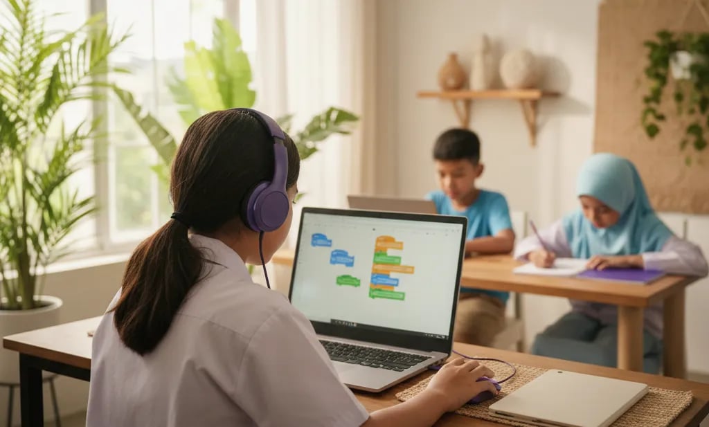 Primary school child coding in Scratch on a laptop with a mouse and headset