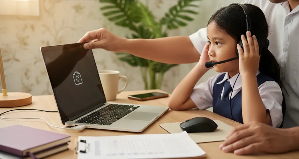 Parent and child checking the laptop camera and headset before an online coding class
