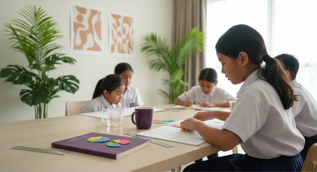 Murid SD Indonesia berlatih pecahan dengan keping lingkaran warna, penggaris, dan gelas ukur di meja belajar