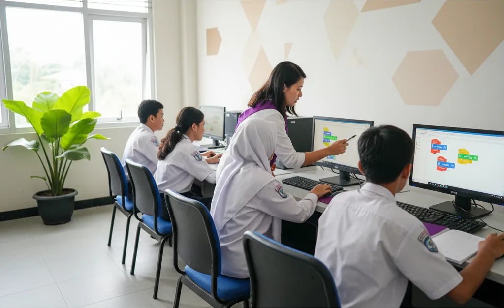 Junior high students practising Scratch program tracing in a computer lab with their teacher