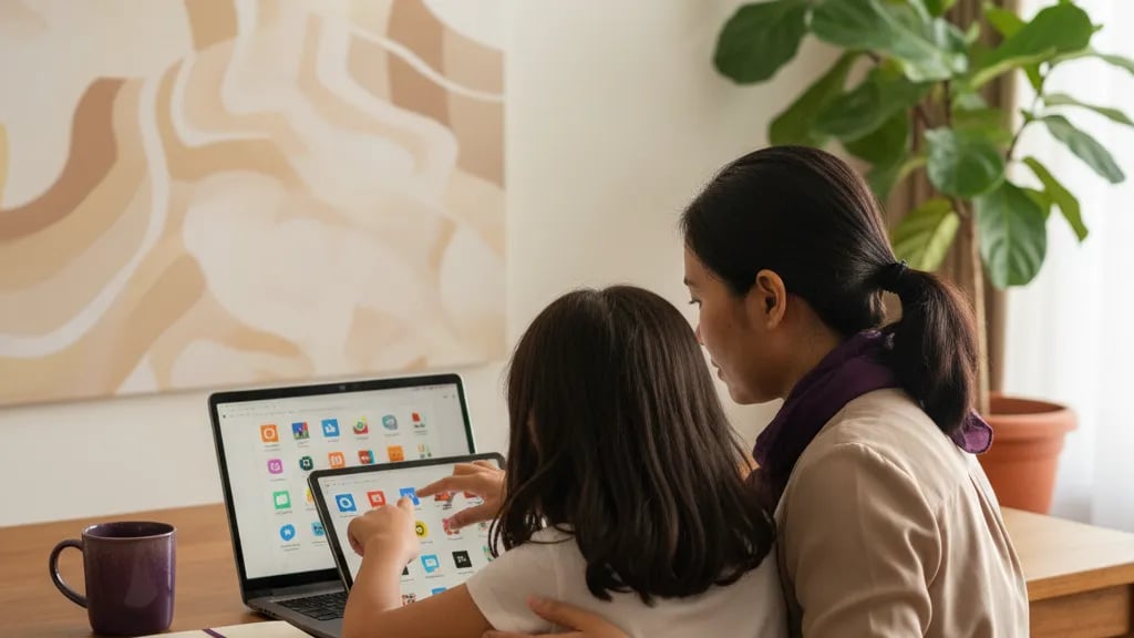 Mother and daughter sitting side by side choosing a drawing app on a laptop and tablet