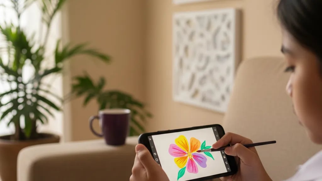 A child's hands drawing a colorful flower in a drawing app on an Android phone