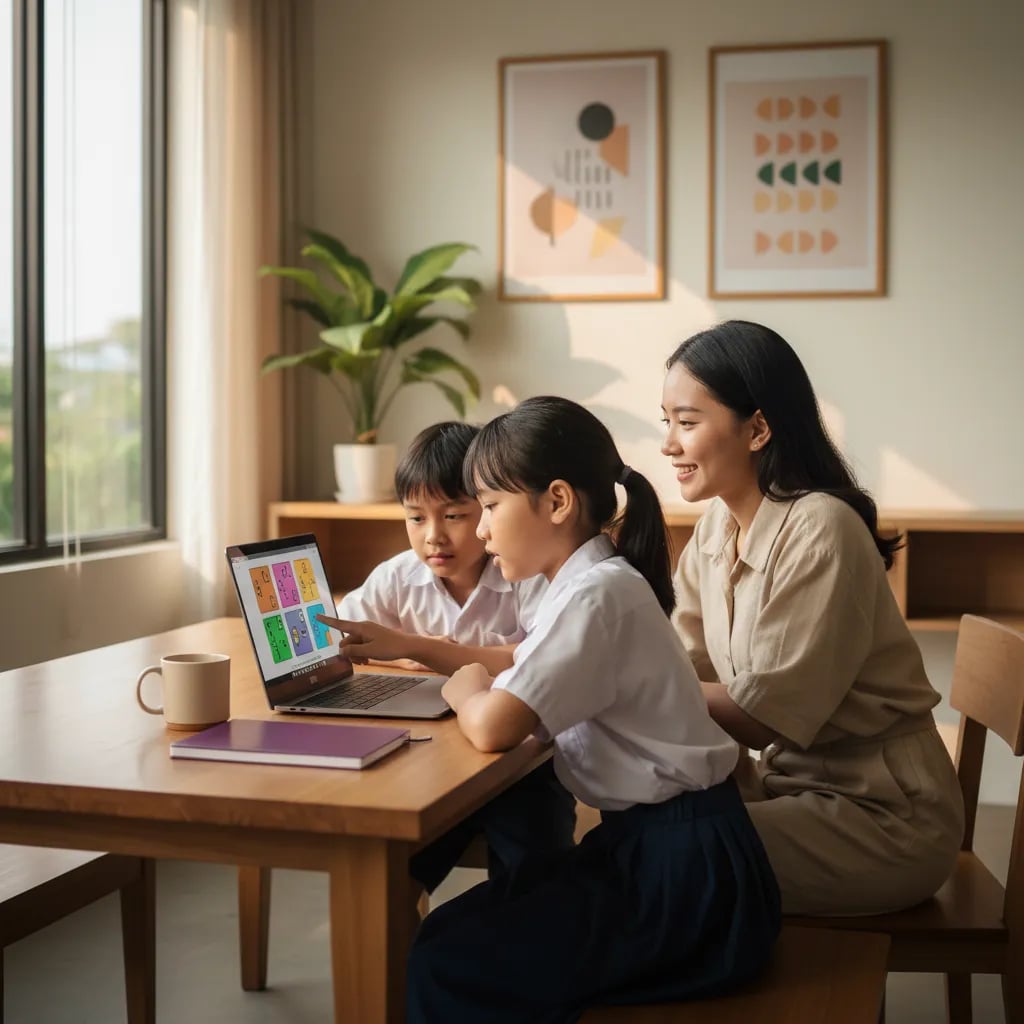 Two elementary school children and a teacher discussing an illustrated logic task on a laptop as coding competition practice