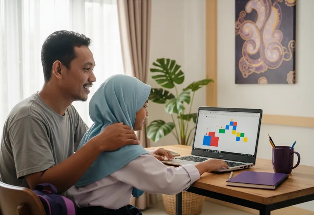 Father and daughter building a simple block-based game on a laptop at a home study desk