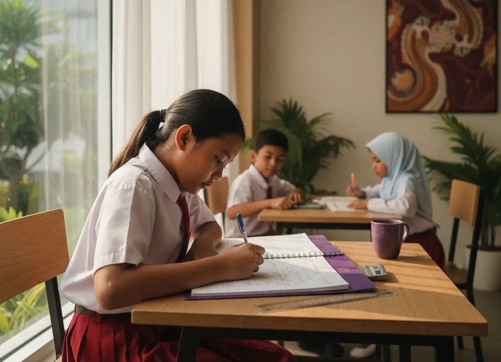 Indonesian primary school girl in a school uniform doing maths homework at a desk with a ruler and calculator