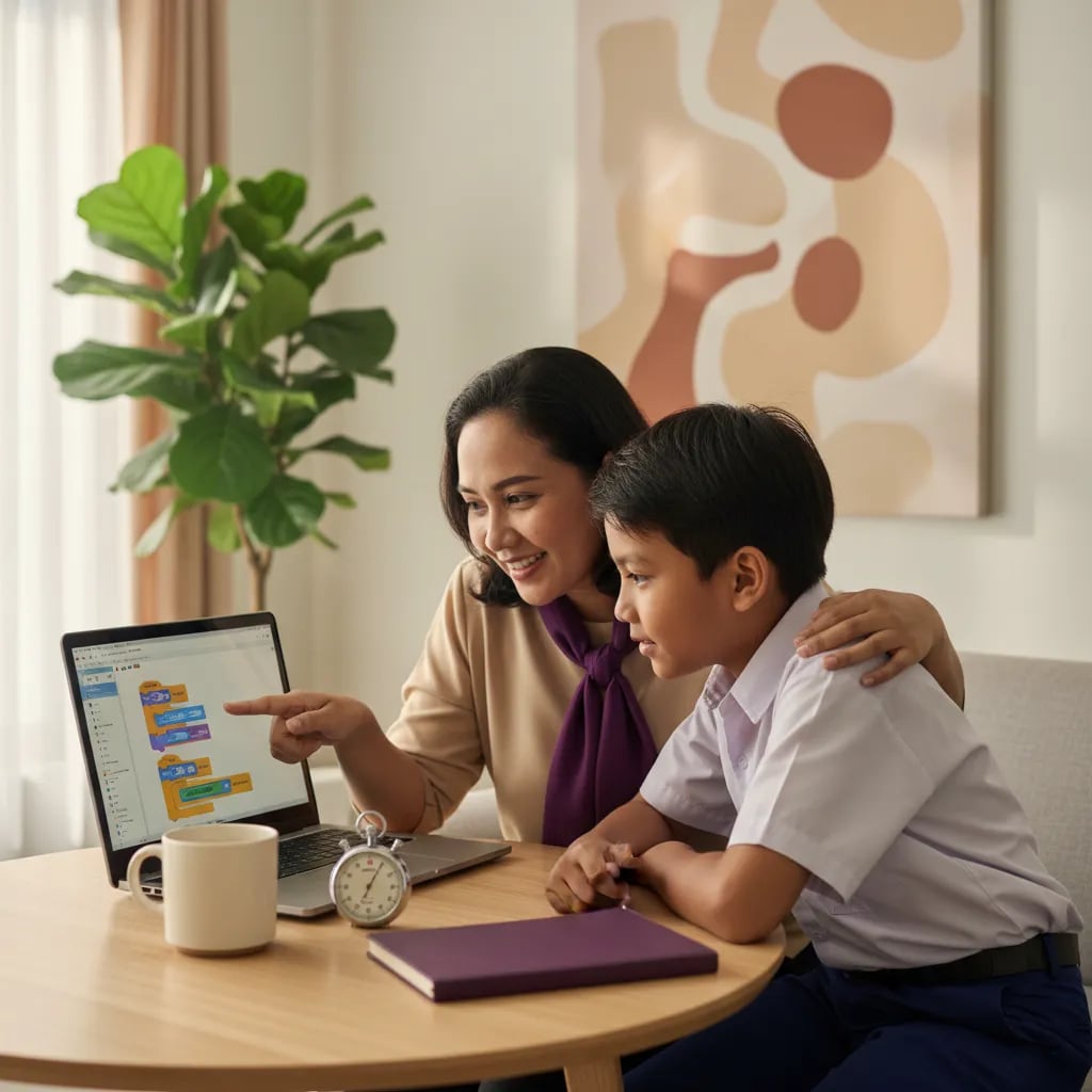 A mother and her elementary school son rehearsing a Scratch project presentation with a timer before a coding competition