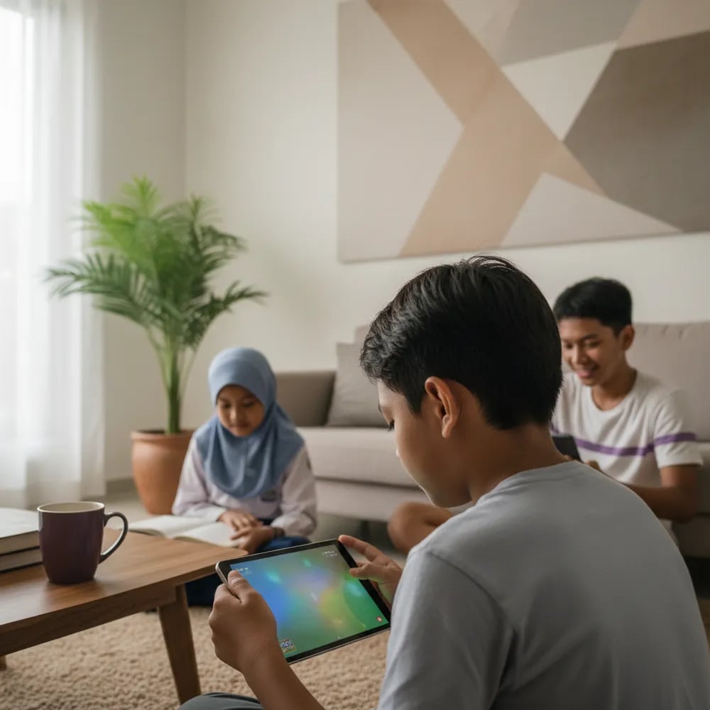 Boy absorbed in a game on a tablet in the family room while other family members study