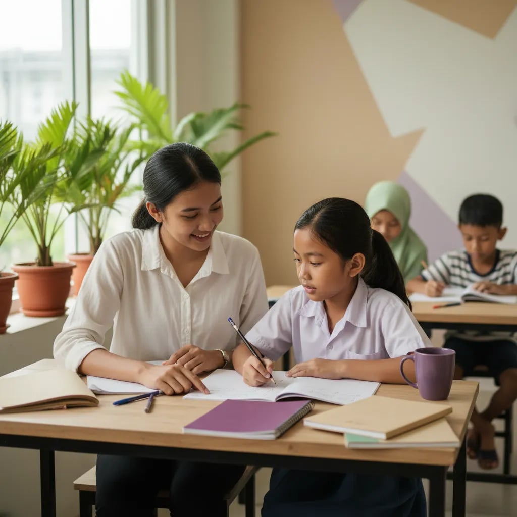 A grade 3 child asking a tutor a question during a math lesson at a desk with an exercise book