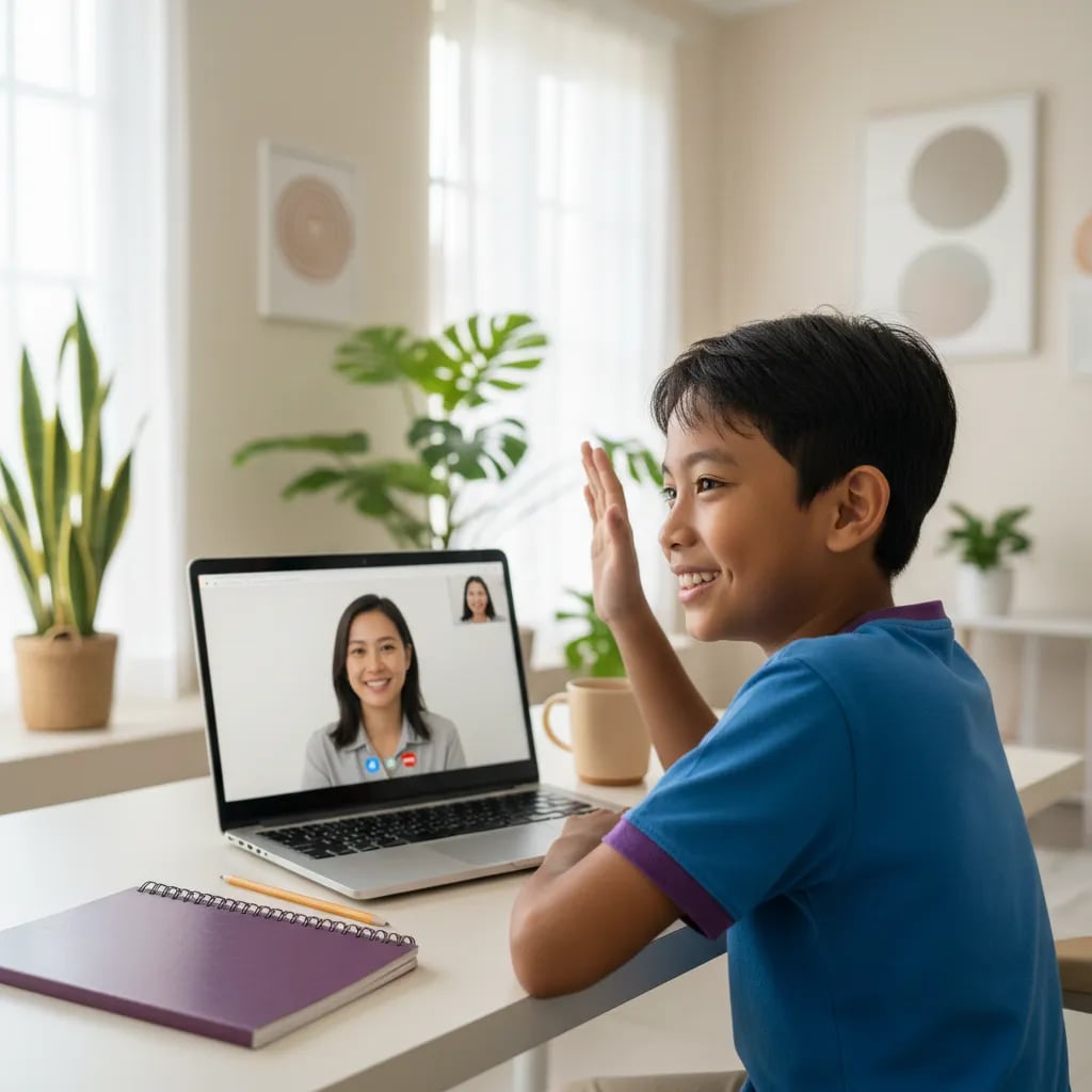 Anak SD mengikuti kelas matematika online bersama tutor lewat laptop di rumah