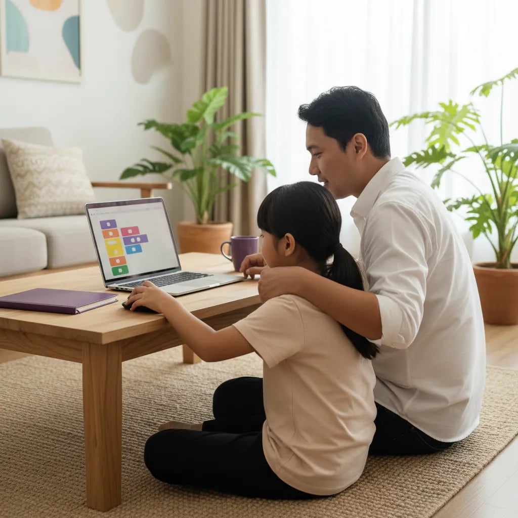 Ayah dan anak perempuan 8 tahun di ruang keluarga menyusun blok warna di layar laptop dengan mouse saat belajar coding
