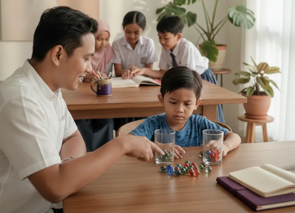 Orang tua dan anak kelas 1 SD berhitung dengan kelereng dalam dua gelas di meja makan