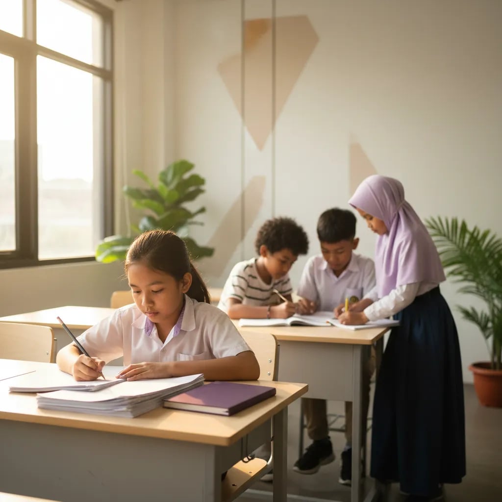 Anak SD mengerjakan lembar kerja matematika sendirian dengan pensil di meja belajar