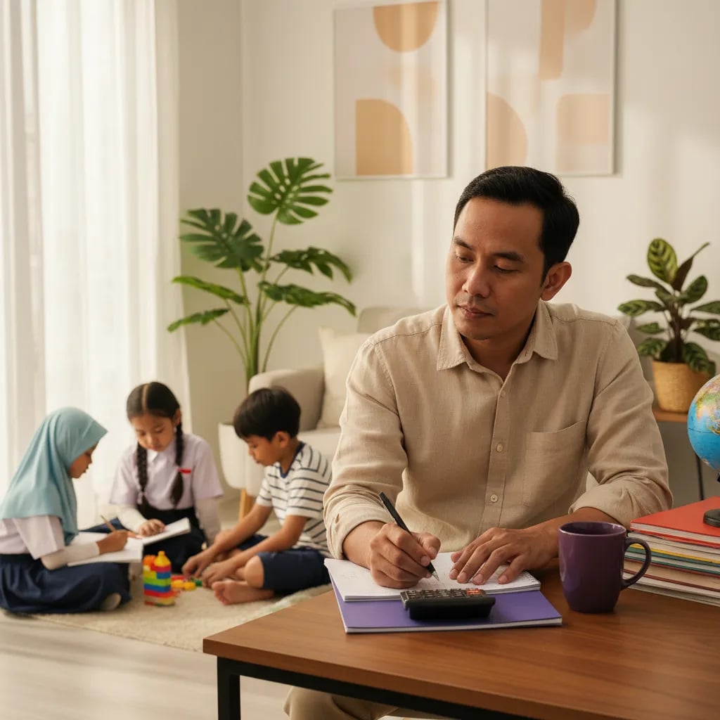 A parent working out tutoring costs with a calculator and notebook at a study table