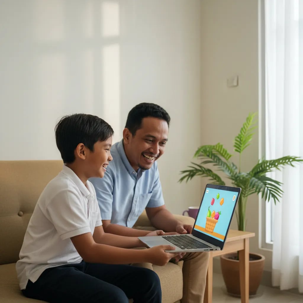 Anak SD tersenyum menunjukkan game Scratch buatannya di layar laptop kepada ayahnya