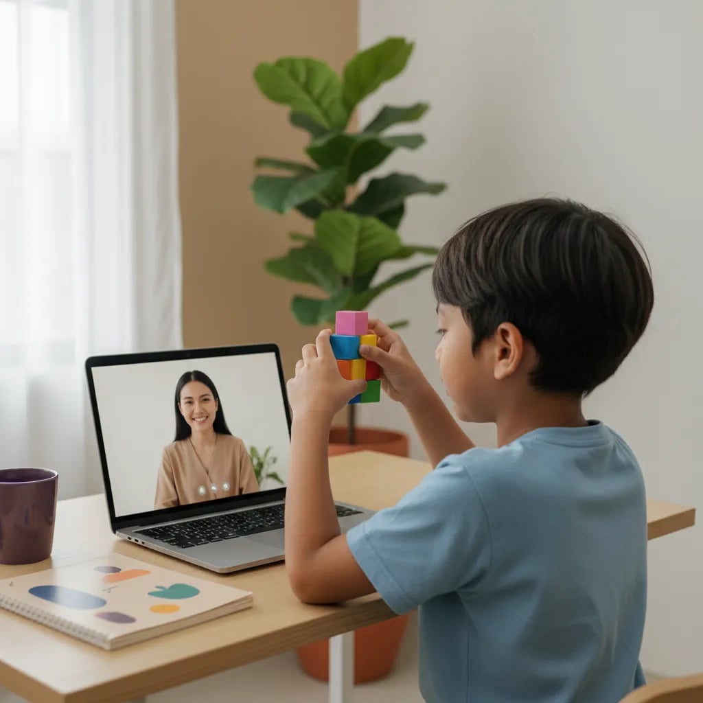 Anak laki-laki 6 tahun belajar berhitung online dengan guru lewat laptop, memakai kubik warna di meja