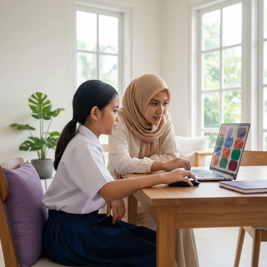 Anak SD membuat proyek Scratch di laptop dengan mouse sementara ibunya duduk di sampingnya