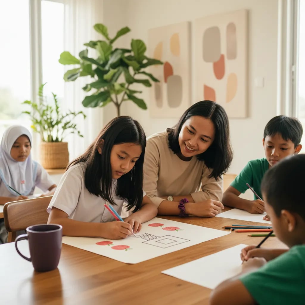 A primary school girl sketches a game plan on paper with her mother before opening the AI