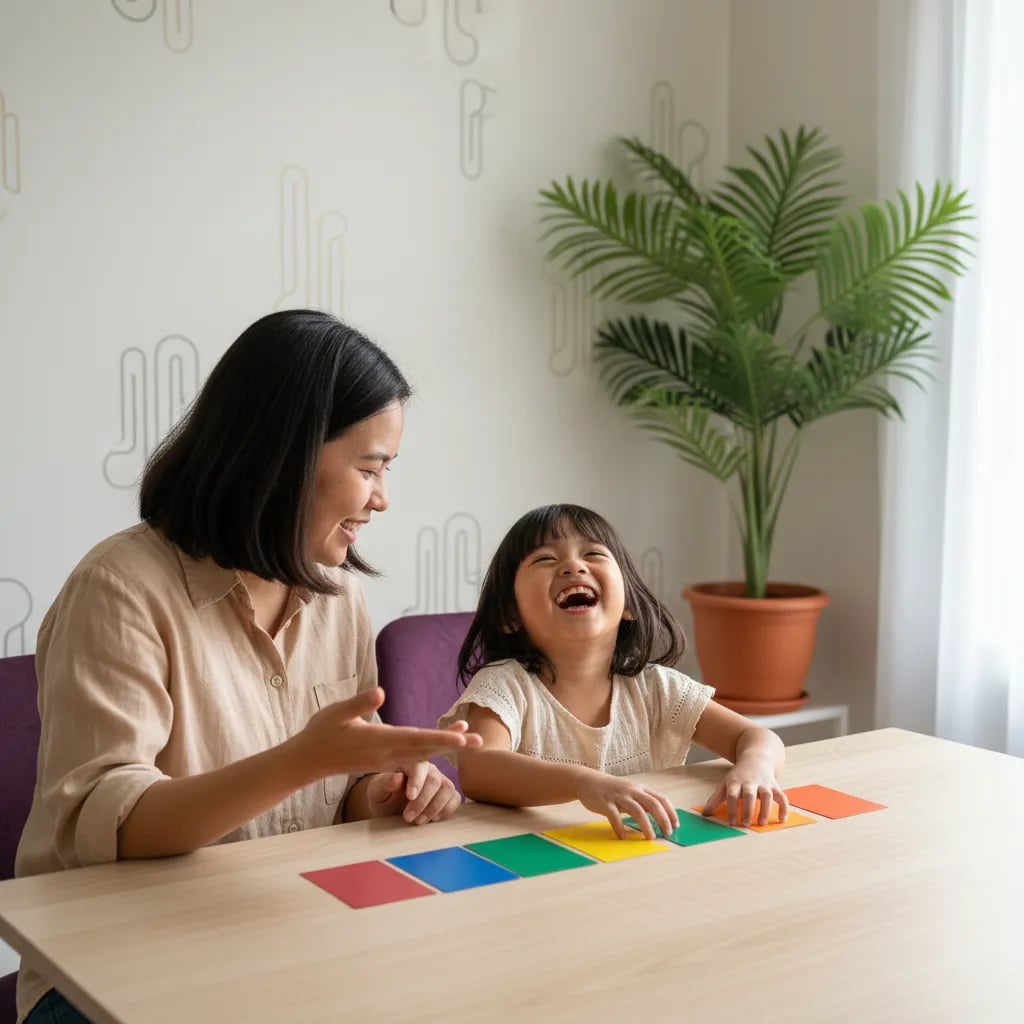 Ibu dan anak perempuan 6 tahun tertawa sambil menyusun kartu warna-warni di meja rumah, latihan calistung lewat bermain
