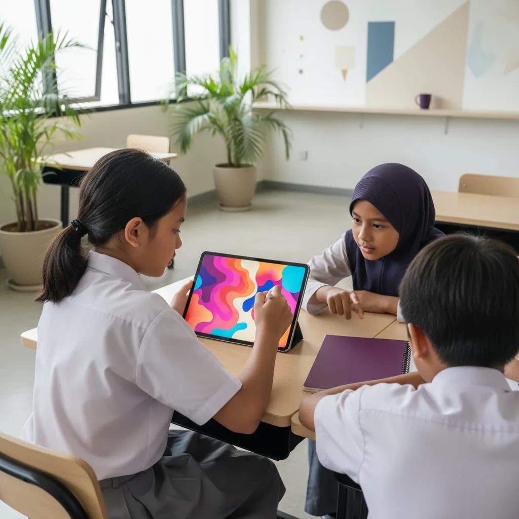 Anak SD mendesain poster berwarna di tablet dengan stylus