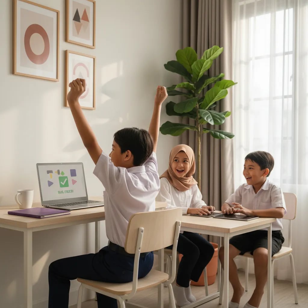 A primary school boy cheers after fixing a bug in the game he made
