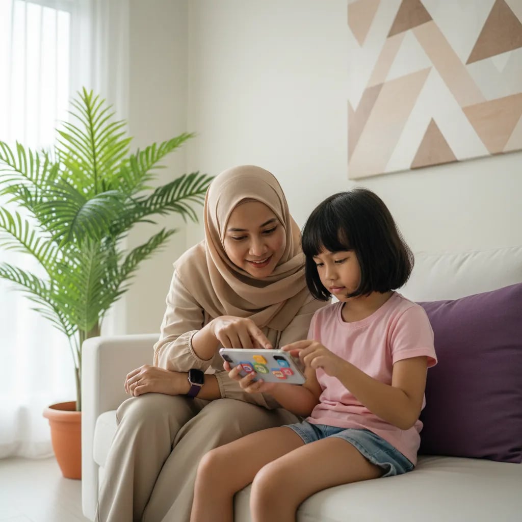 Primary school child arranging command blocks in a coding app on a phone with her mother beside her