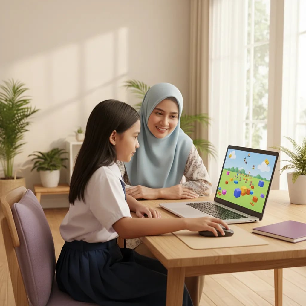 Anak perempuan usia SD membuat game balok 3D di laptop dengan mouse, ibunya yang berhijab menemani di sampingnya